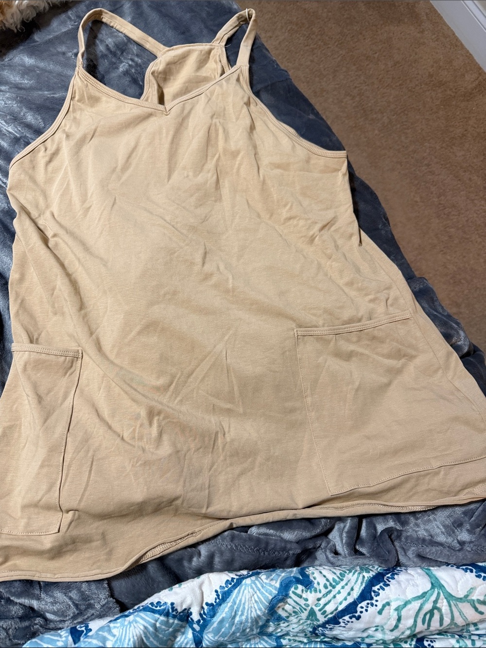 Fashion clothing Beige Tank Dress with Front Pockets & shorts built in shorts.